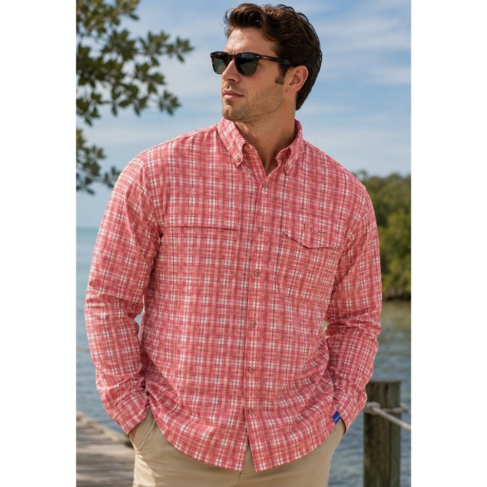 Huk Men's XXL Coral White Plaid Long Sleeve Button-Up Fishing Shirt
